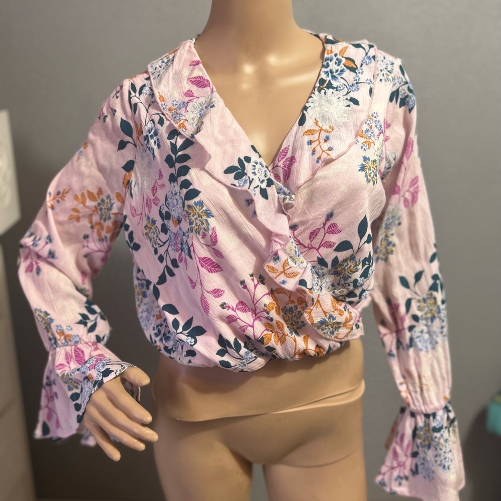 NWT 59.95 Altar'd State Pink Wrap Ruffled Blouse